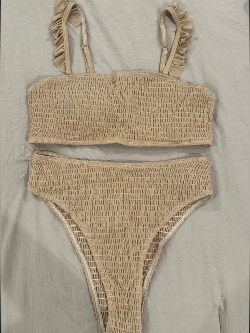 SHEIN Beige Ruffle Strap Smocked Bikini Set